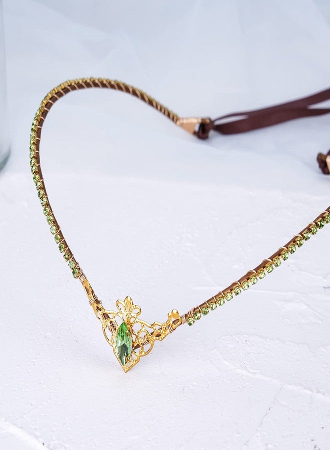 MOSTORY Handmade Princess Crystal Tiara for Wedding V-shape Renaissance Elf Crown Headband Golden Green Fairy Headpiece for Women Goddess Cosplay Costume Hair Accessory Maternity Shoot Birthday - Image 4